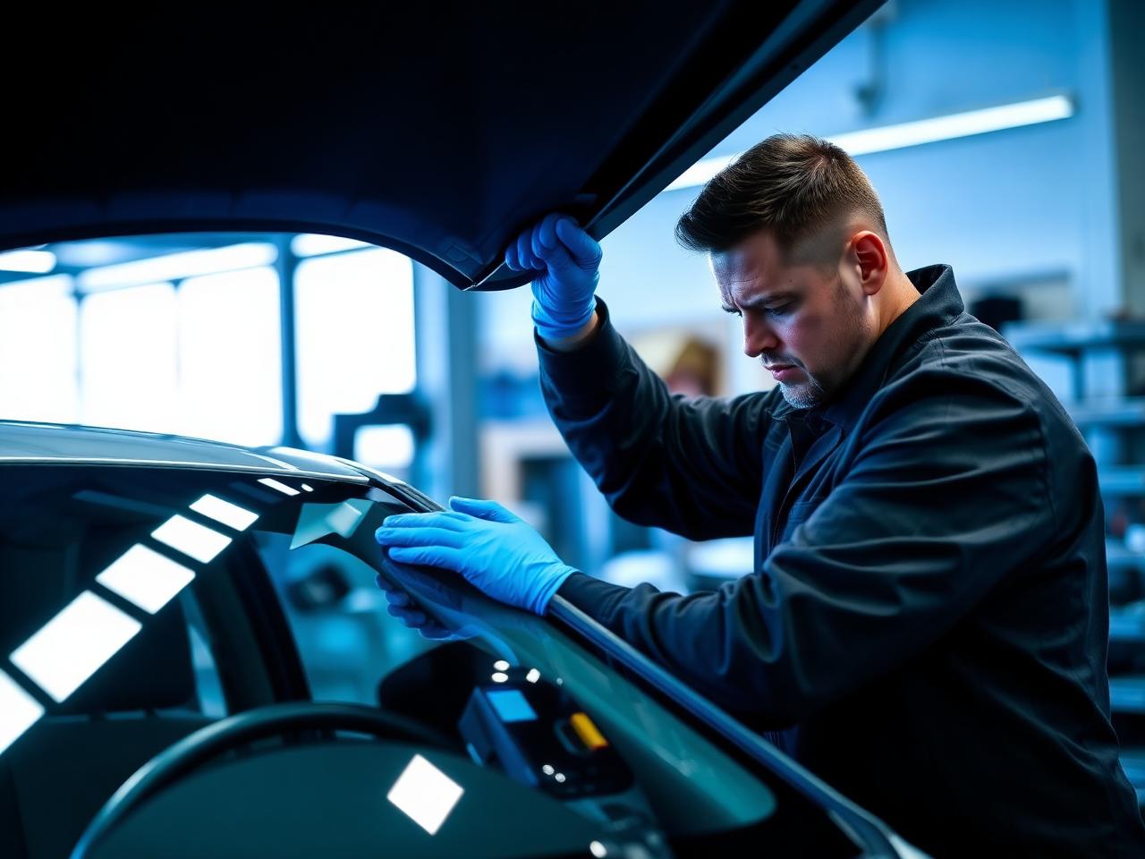 Técnico instalando vidro automotivo